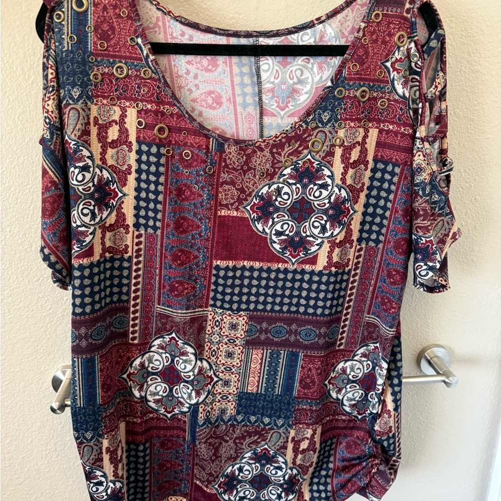 Bohemian Patchwork Blouse in Red and Blue